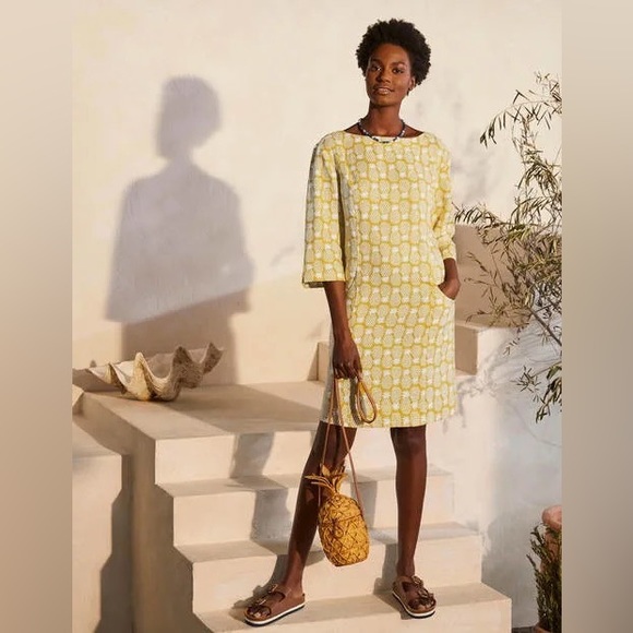 Boden Laurie Linen 3/4 Sleeve Shift Dress in Chartreuse, Pineapple Geo size 14R - Picture 4 of 13